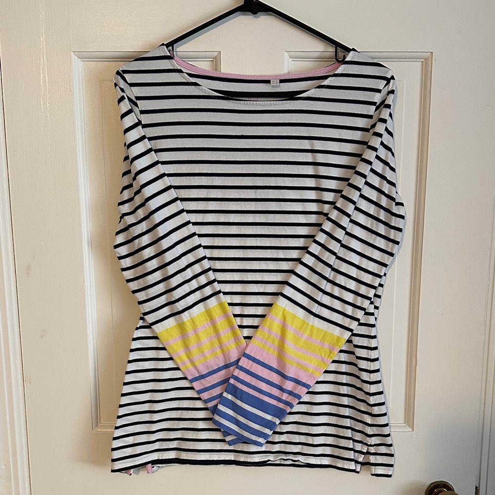 Boden Navy and White Stripe long sleeve Breton with Pink and Yellow Accents